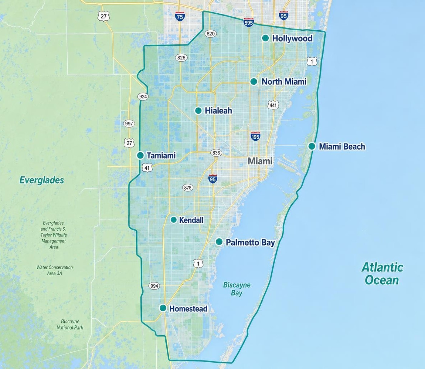 Map of the Island Restrooms service area covering Miami-Dade County from Hollywood to Homestead