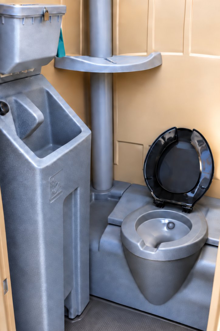Interior view of flushing toilet and sink inside the Island Restrooms events portable toilet